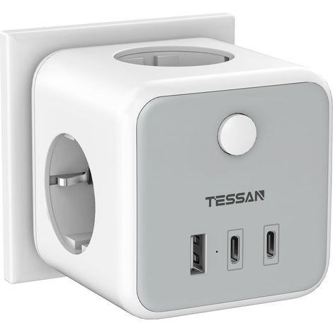 Cube Power Strip with 3 AC Outlets, 3 USB Ports, 2500W Type F, for Kitchen, Office, Grey (1/5)