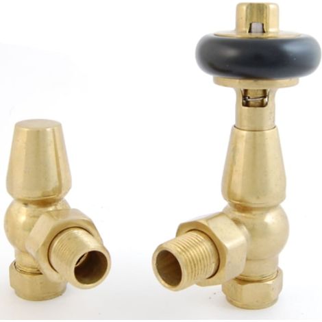 West Faringdon Angled Thermostatic Radiator Valve and Lockshield - Un-Lacquered Brass (1/5)