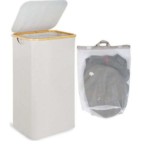 Wäschekorb Großer Wäschekorb mit Deckel, 100L Großer Wäschekorb mit Bambusgriffen für Kleidung, faltbarer XXL-Wäschekorb mit Innenbeutel Beige