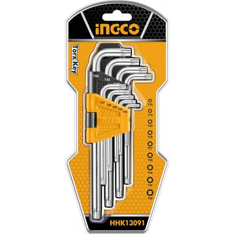 Set serie chiavi torx francesi 9 pz a brugola ad L lunghe con foro cromo vanadio INGCO