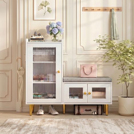BLANKETSWARM - Meuble à chaussures bas – Banquette rembourrée – 3 portes en verre– Style scandinave – Dimensions 100x35x90cm – Blanc