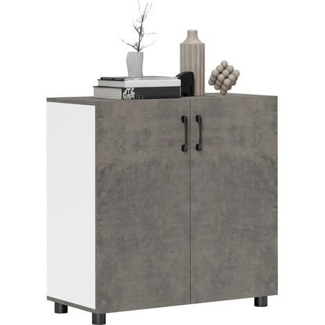 Kleiner, moderner Wohnzimmerschrank mit Einlegeboden und Soft-Close-Türen, 80 x 37 x 80 cm, Grauzement und Hochglanzweiß