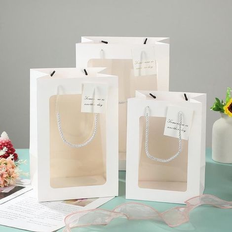 Eleganti sacchetti regalo bianchi con finestra trasparente, set da 6, 3 diverse misure, sacchetti di carta per fiori e regali, robusta borsa per il trasporto (1/5)