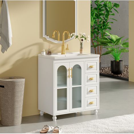 Meuble de salle de bain blanc avec vasque en céramique 80 cm et rangement (1/5)