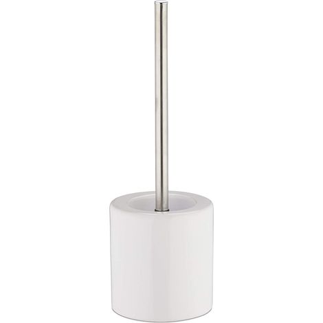 Porte brosse WC céramique avec brosse et tête changeable poignée en métal rond blanc (1/2)