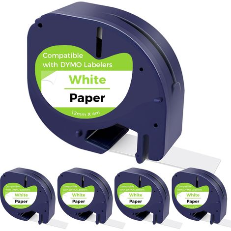 Ruban d'étiquetage compatible avec Dymo LetraTag - 12 mm x 4 m - Noir sur blanc - Ruban de rechange pour étiqueteuse Dymo LT-100T LT-100H LT-110T XR 200B (1/5)