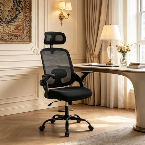 Silla de oficina ergonómica de respaldo alto con reposacabezas y reposabrazos 3D negra OKWISH (1/5)