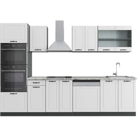 Mueble de cocina R-Line, Casa de campo blanca/antracita, 300 cm con armario alto, ET Mármol, Vicco