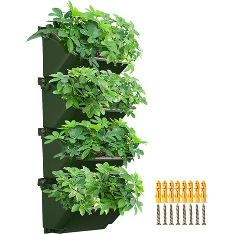 Jardinières suspendues, pot mural auto-arrosant, mur végétal vertical pour extérieur avec 4 pots, jardinière murale pour jardin, terrasse (4 pièces - vert armée) (1/5)