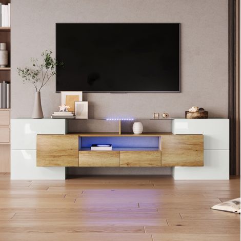 Meuble TV rangement 200 cm MDF naturel blanc LED app HAVRYA (1/5)