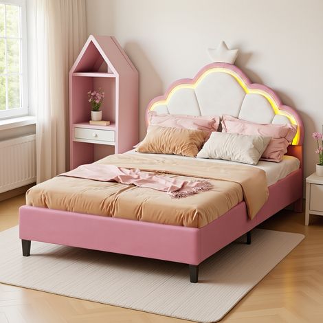 Superaly Lit Double Capitonnée pour Enfant 140x200 cm, Lit Fille avec LED, Cloud Design, Tête de Lit Rembourrée Réglable en Hauteur, Sommier à Lattes, Velours, Rose et Blanc (1/5)