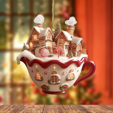 Ornement Acrylique 2D - Tasse Café Chaud Noël - Décoration Arbre Maison Bar à Café - Lot de 1 (1/3)