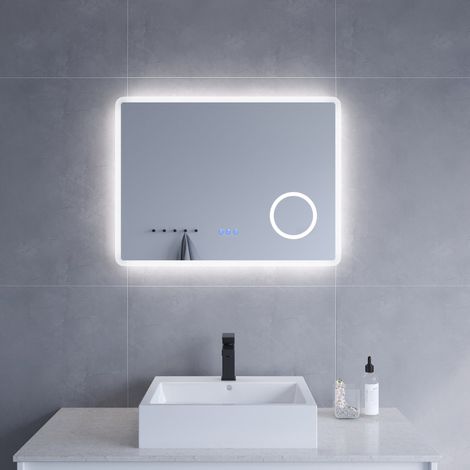 LED Badspiegel Lichtspiegel 80x60cm Badezimmerspiegel Touch Wandspiegel Kosmetikspiegel mit einer 3-fachen Vergrößerung Kaltweißer 6400K & Warmweiß 3000K Beleuchtung (1/5)