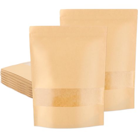 Lot de 25 Sachet kraft Alimentaire avec Fenetre, 30×40CM Sachet Kraft Zip Réutilisables, Imperméable Sac Kraft Alimentaire Petit Format pour Noix, Nourriture (1/5)