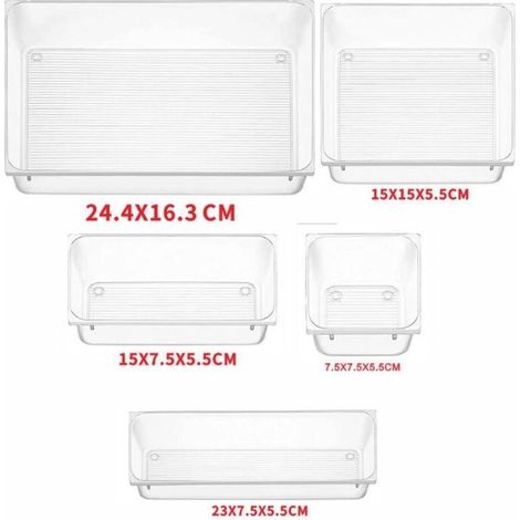 Organizador de cajones de 16 piezas, 5 tamaños de cajas de almacenamiento para cajones, organizador de maquillaje antideslizante, para guardar material de oficina, tocador, baño y cocina (transparente (1/3)