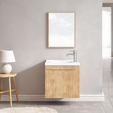 Ensemble vasque meuble suspendu chêne avec miroir 40 x 25 x 48 cm (1/5)