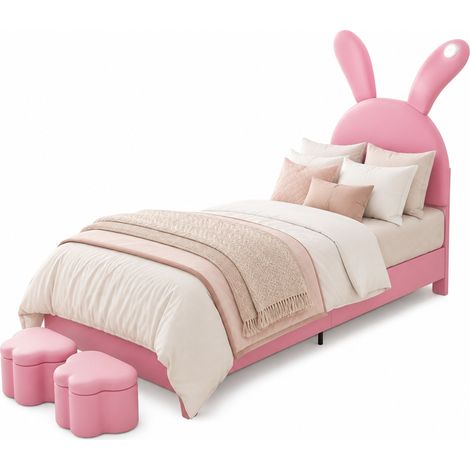 Lit Enfant 90x200 cm en Velours, Lit Simple avec 2 Bancs de Rangement, LED et Oreilles Pliables, sans Matelas, Rose (1/5)