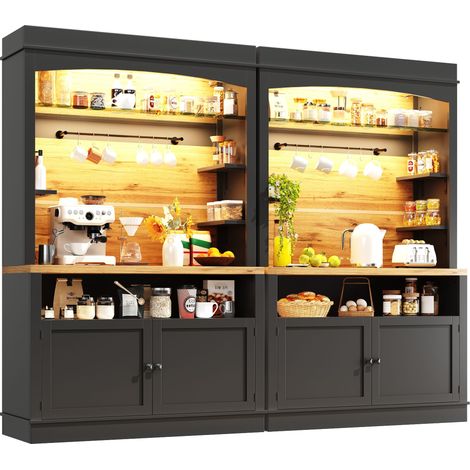 Buffet de Cuisine Haut avec 4 Portes, 2 Niches Ouvertes, LED USB et 12 Crochets, en MDF et Métal, Noir
