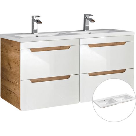 Doppel-Waschtischunterschrank 120 cm mit Keramikbecken LUTON-56 Hochglanz weiß mit Wotan Eiche Nb. B/H/T ca. 121/63/46 cm