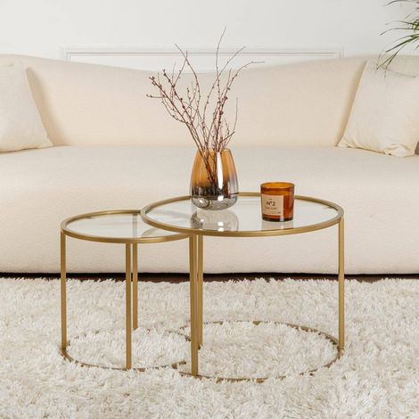Dmora - Set mit 2 Couchtischen Xaden, Niedriger Wohnzimmertisch, Kaffeeregal, Couchtisch für Sofa, 60x60 h43 cm, Gold und Transparent (1/5)