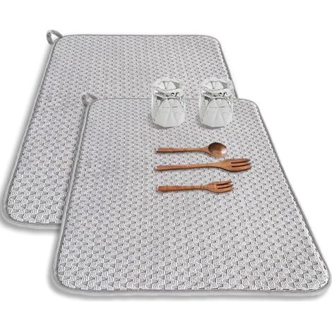 Lot de 2 tapis d'égouttoir à vaisselle en microfibre, 60 x 45 cm, absorbants, pour comptoir de cuisine, grand format, pour comptoirs, éviers et égouttoirs (gris) (1/4)