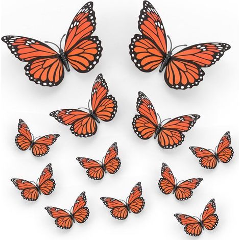 Set di 12 adesivi murali a forma di farfalla monarca arancione (3 misure: 6 cm, 10 cm, 12 cm) – Decorazione 3D autoadesiva per pareti, finestre e feste (1/5)