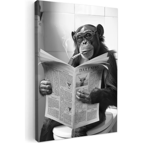 CUADRO EN LIENZO Mono - WC - Periódico - Blanco y negro - Humor Decoracion Pared Salon 20x30 cm