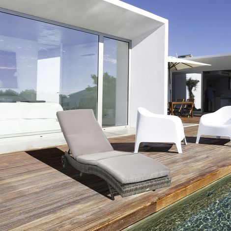 Bain de soleil transat grand confort - dossier inclinable 5 positions roulettes - matelas déhoussable inclus - résine tressée grise