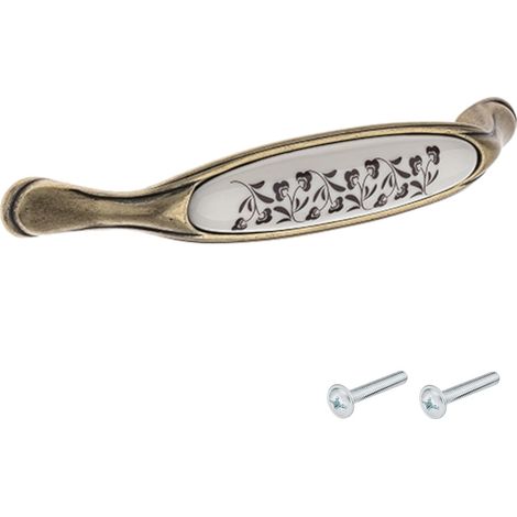 Poignée de meuble vintage en zamak finition laiton porcelaine céramique motif fleur entraxe 96 mm avec vis Tiroir Armoire Réparation (1/3)