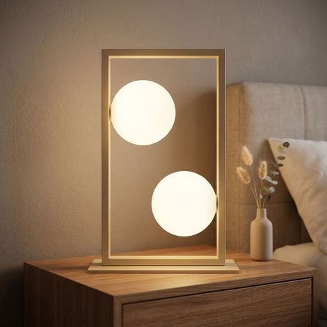 LED Tischlampe sandfarben Tischleuchte 2-Flammig Wippschalter Glas opal H 40 cm (1/5)