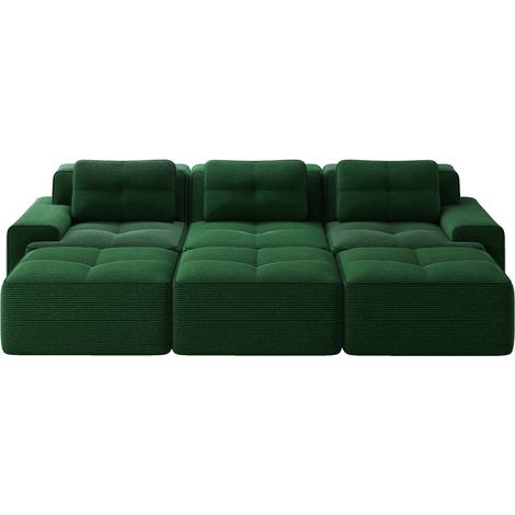 Sofá modular esquinero de terciopelo acanalado verde, 3 plazas, cama y 3 pufs, MODENUIT (1/5)