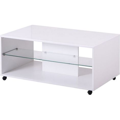 Mesa de Centro Giussano, 2 Compartimentos, con Ruedas, Forma Rectangular, 101x60x45 cm, Blanco