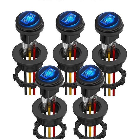 Interrupteur à bascule rond étanche (lot de 5) avec boîtier, LED bleue, 12 V, SPST, 3 broches, témoin lumineux marche/arrêt (1/5)