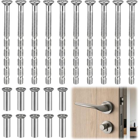 Lot de 10 vis à douille M4 x 60 mm, vis de connexion nickelées pour poignées de porte, vis de raccordement de meubles raccourcissables, idéales pour les ferrures de porte et les rosaces, argent (1/5)