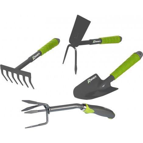 Lot 4 outils de jardinage, Griffe 4 dents, serfouette, rateau, transplantoir pour fleurs