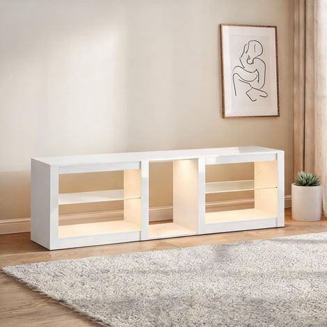 Meuble TV 160 cm blanc laqué avec éclairage LED RGB et étagères (1/5)