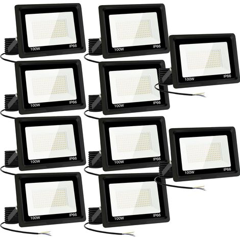 Lot de 10 projecteurs LED extérieurs 100 W avec projecteur LED extérieur 10000 LM IP66 étanche Spot projecteur LED 3500 K Blanc froid pour maison, garage, patio, terrasse, terrain (10 pièces)