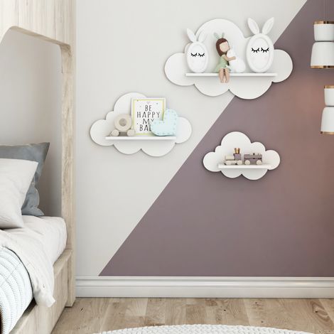 Set di 3 Mensole da Parete 'Skanderborg' per Cameretta - Consolle Pensile con Sostegno Decorativo a Forma di Nuvola - Bianco [en.casa] (1/5)