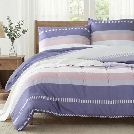 Bettwäsche-Set 155x220cm 3-teilig mit 2 Kissenbezügen 80x80cm, Violett, Streifenmuster