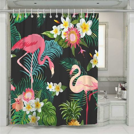 Rideau de Douche Animal Flamingo Impression, Imperméable Polyester 3D Impression numérique Décorations de Salle de Bain Art Impression Rideau 12 Crochets (90x180cm,Plant-Flamingo) (1/4)