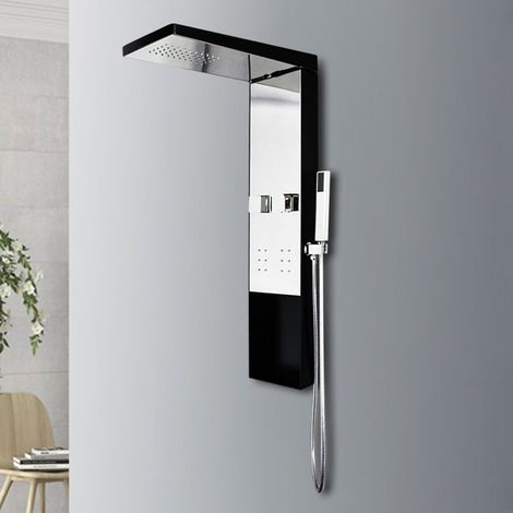 Distribain – Colonne de douche hydromassante noire – 2x6 micro-jets – Dôme de pluie avec picots – Support douchette – SKU S051B (1/5)