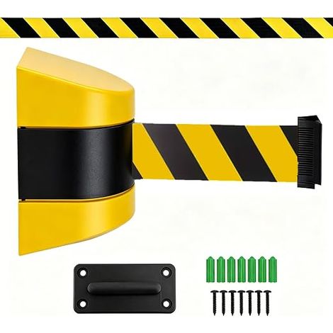 Bande de barrière extensible de 5 mètres - Cordes d'arrêt - Bandes d'avertissement de sécurité - Avec boîtier mural en plastique ABS - Arrêt mural extensible - Arrêt de sécurité pour files d'attente (1/5)