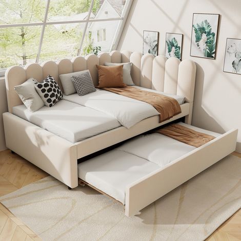 Lit gigogne 140x200 cm avec lit tiroir et dossier en forme de pétales, en velours, beige, sans matelas (1/5)