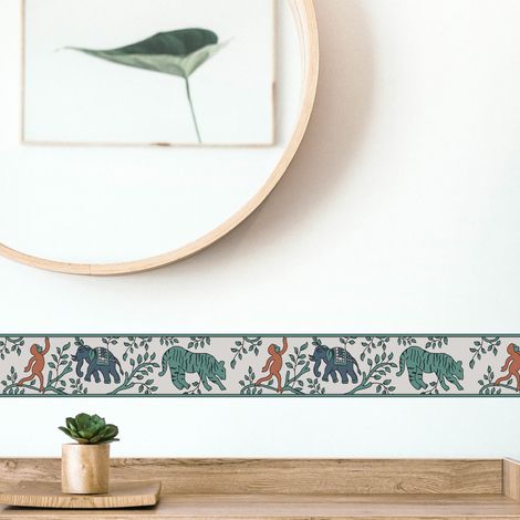 Frise décorative adhésive, jaipur vert, animaux, tigre, éléphant, 9 cm X 300 cm (1/5)