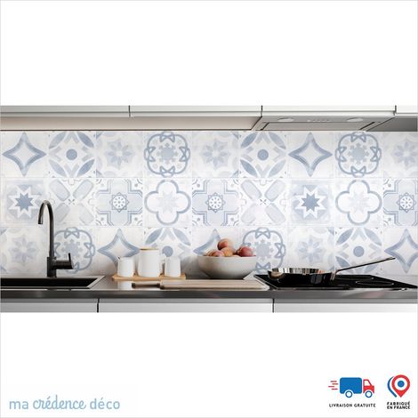 Crédence : Carreaux ciments classiques 3 - Couleur Bleu pigeon - Alu composite - 120 - 60 (1/3)