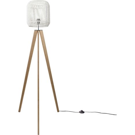 Paco Home Lumin. De Pie Moderna Salón Dormitorio Ratán Boho Cesto Luminaria De Pie E27  Blanco (Ø28 cm),  Lámpara de piso de madera