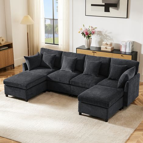 Canapé modular de chenilla gris 278x161x81 cm, convertible en forma L o U con 2 pufs y 6 cojines (1/5)