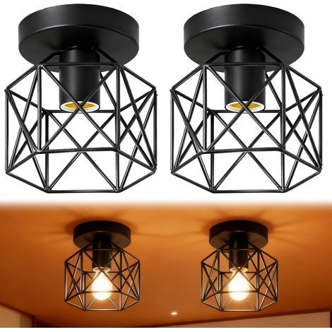 Lot de 2 plafonniers vintage : suspension industrielle E27 Lampe en fer Cage Plafonnier Vintage Plafonnier Suspension Abat-jour avec support E27 pour couloir Étude Cuisine Bureau Chambre (1/5)