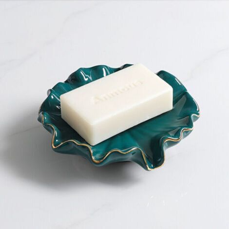 Porte-savon en céramique, porte-savon de vidange, porte-savon en forme de feuille de lotus de salle de bain (vert) (1/5)