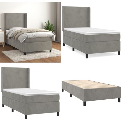 Cama box spring con colchón terciopelo gris claro 90x190 cm - Colchón de muelles - Terciopelo